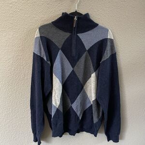 American Blue Sweater Mens XL Blue Argyle Cashmere 1/4 Zip Preppy Academia